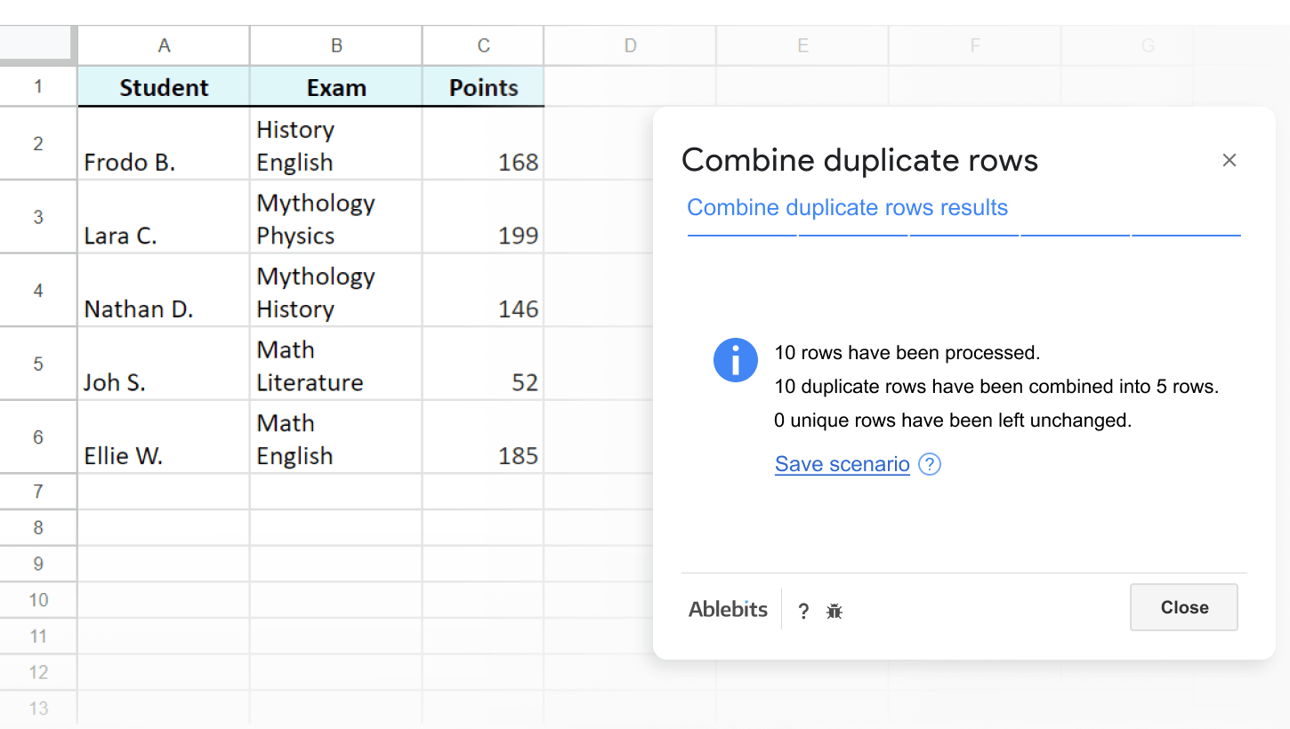 Spot duplicates, combine details, and tally totals.