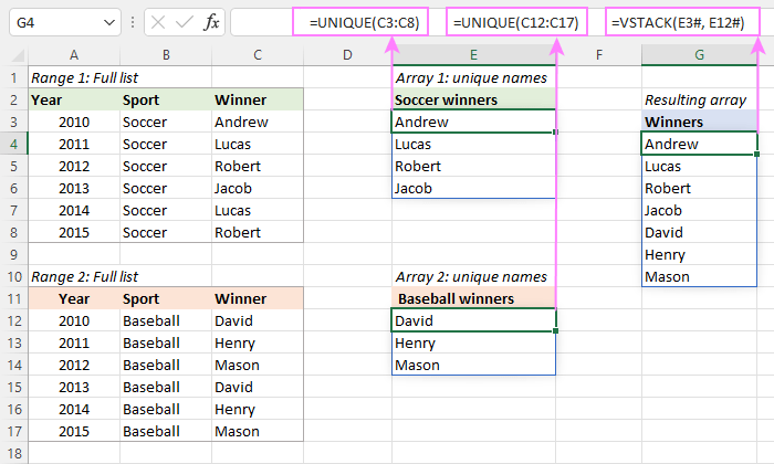 Merging Excel dynamic arrays