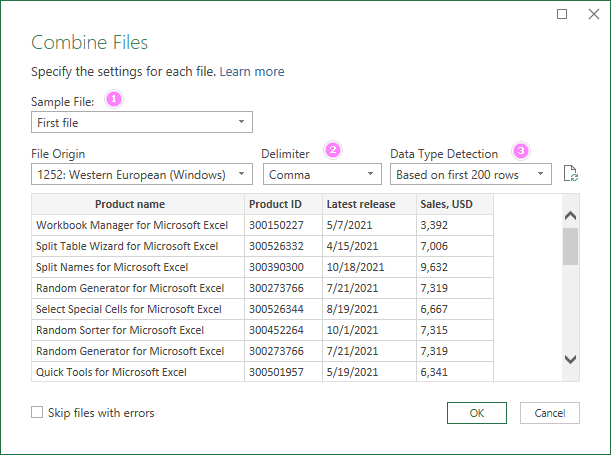 Data preview for the combined files