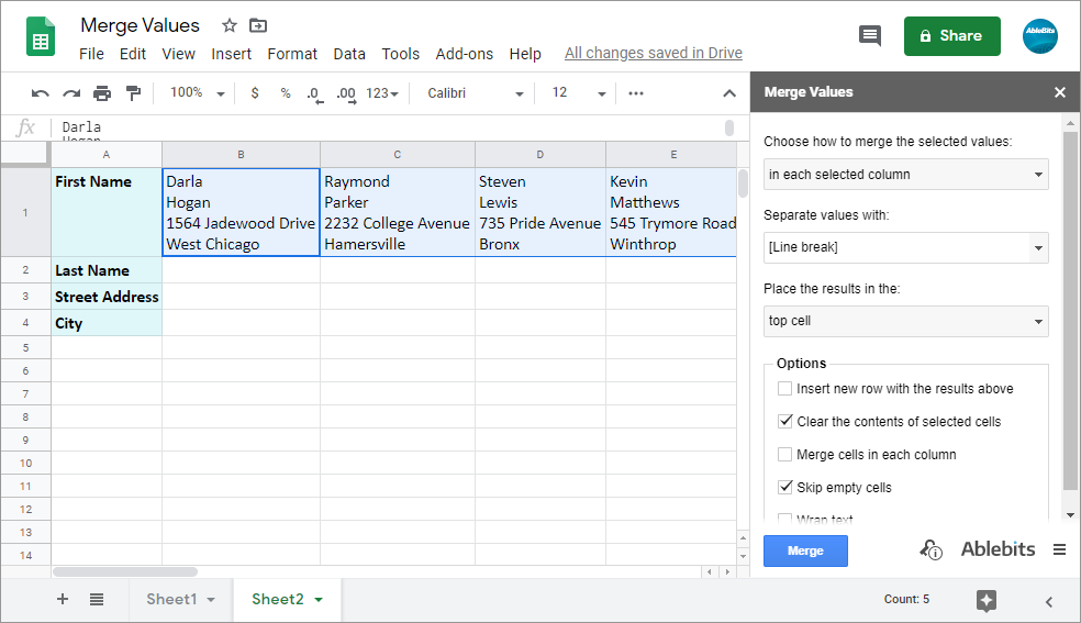 Merge values in each selected column and place them to the top cell