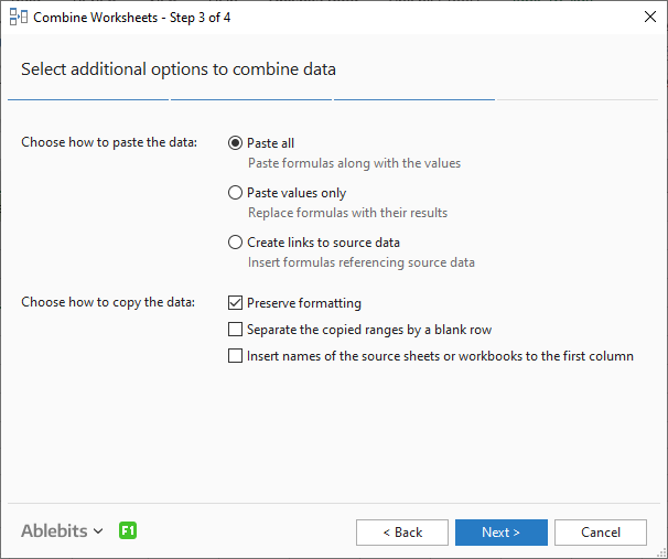 Select additional options to combine your data.