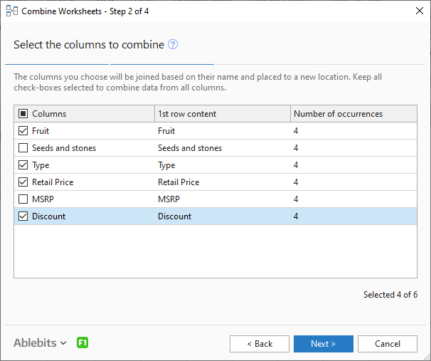 Select the columns to combine.