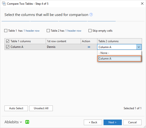  Choose one or more pairs of columns that you want to compare.