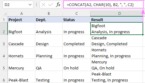 CONCAT formula with different separators