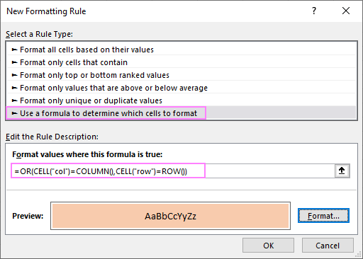 Conditional formatting to highlight active row and column