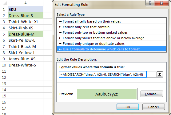 Excel conditional formatting formula: if cell contains with multiple conditions