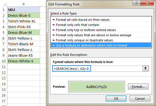 Excel conditional formatting formula: if cell contains specific text