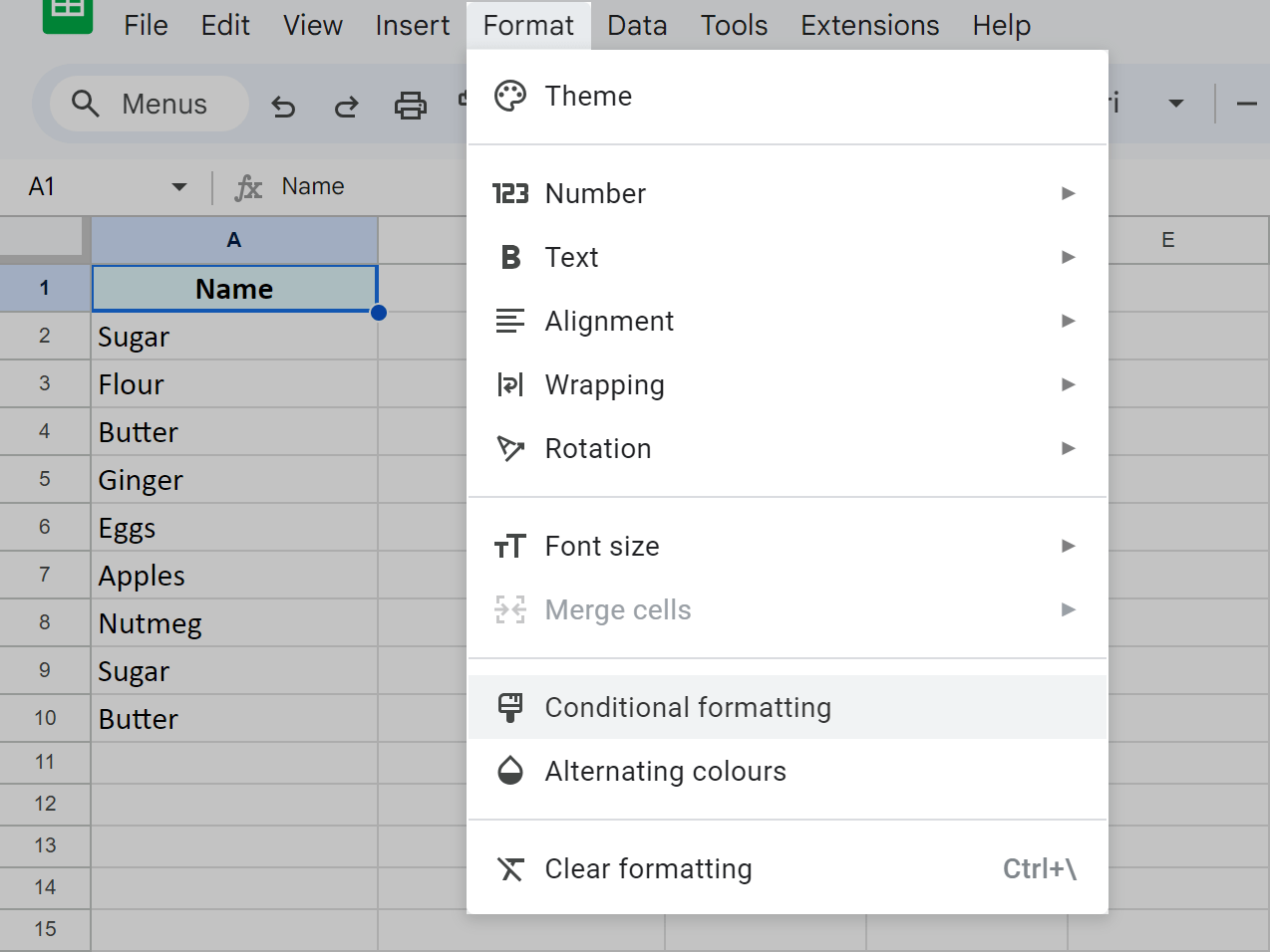 Conditional formatting option in the Google Sheets menu.