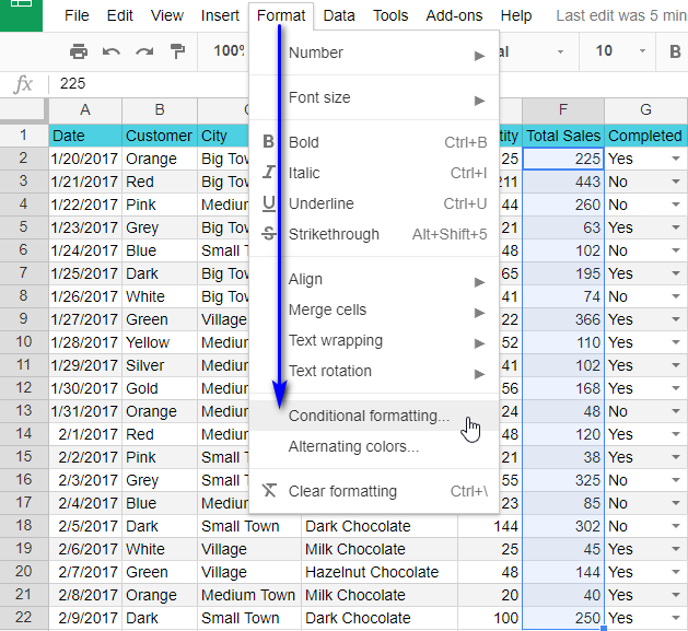 Find Conditional formatting item in the standard Google Sheets menu