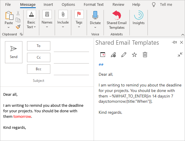 A sample template for Outlook emails