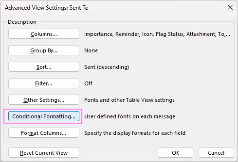 The Conditional Formatting option in Outlook