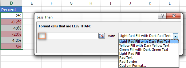 Excel conditional formatting rule for negative percentages