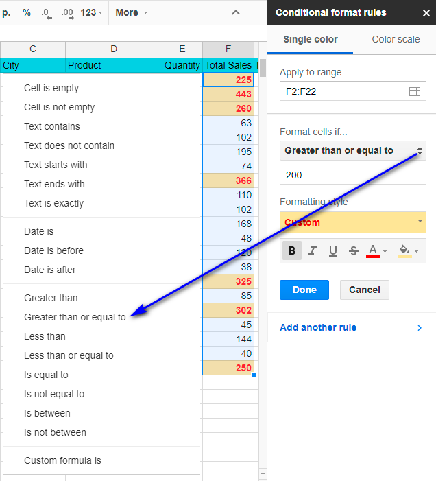 Set up conditional formatting rule in Google spreadsheet