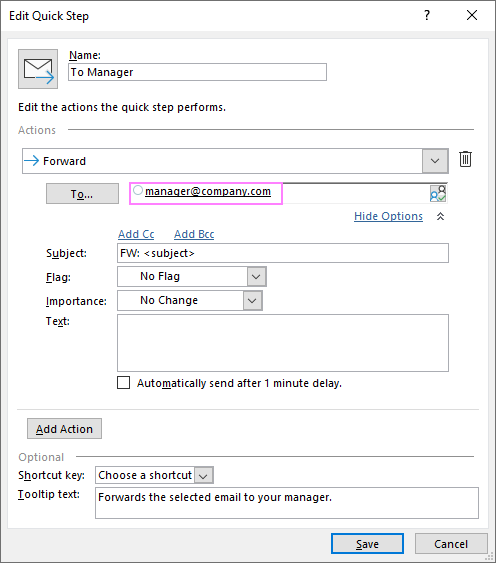 Customizing a default quick step