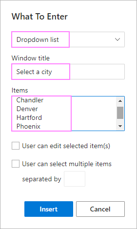 Configuring a dropdown list