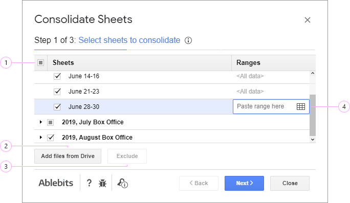 Select sheets to merge and calculate.