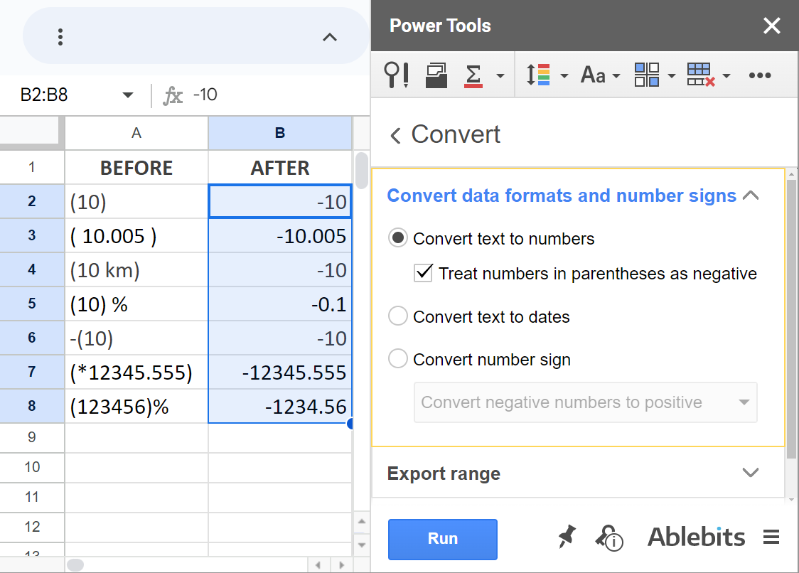 From the text in parentheses to negative number format.