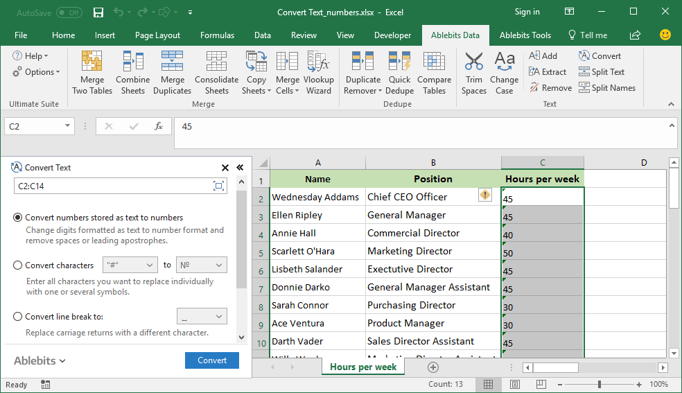 Choose a range and tick off <em>Convert numbers stored as text to numbers</em> option