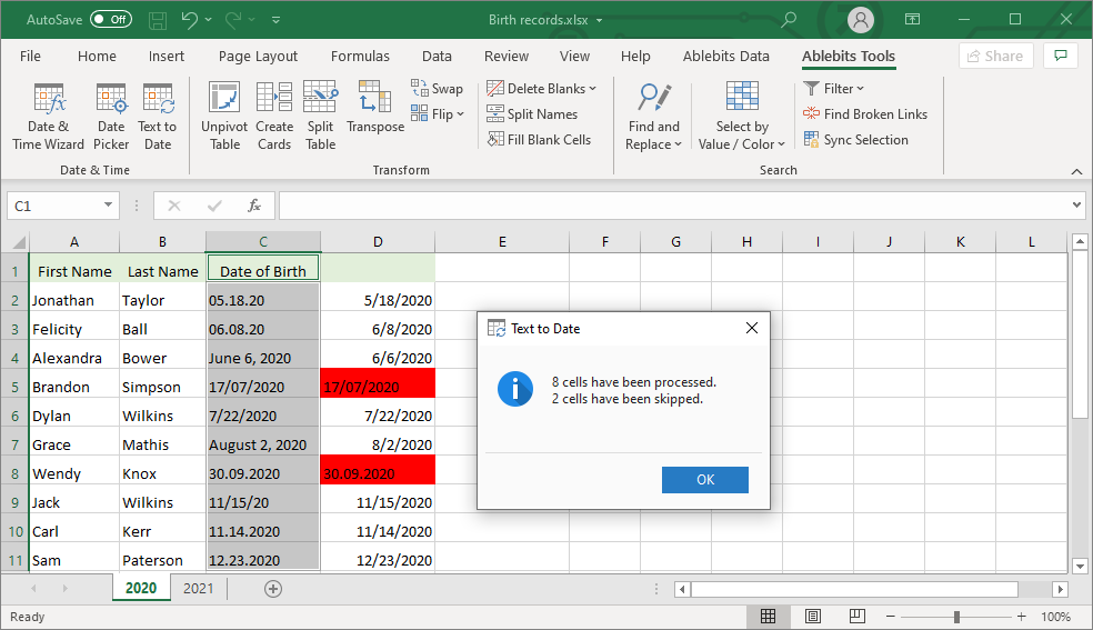 See converted dates and not converted entries in the column next to the original one