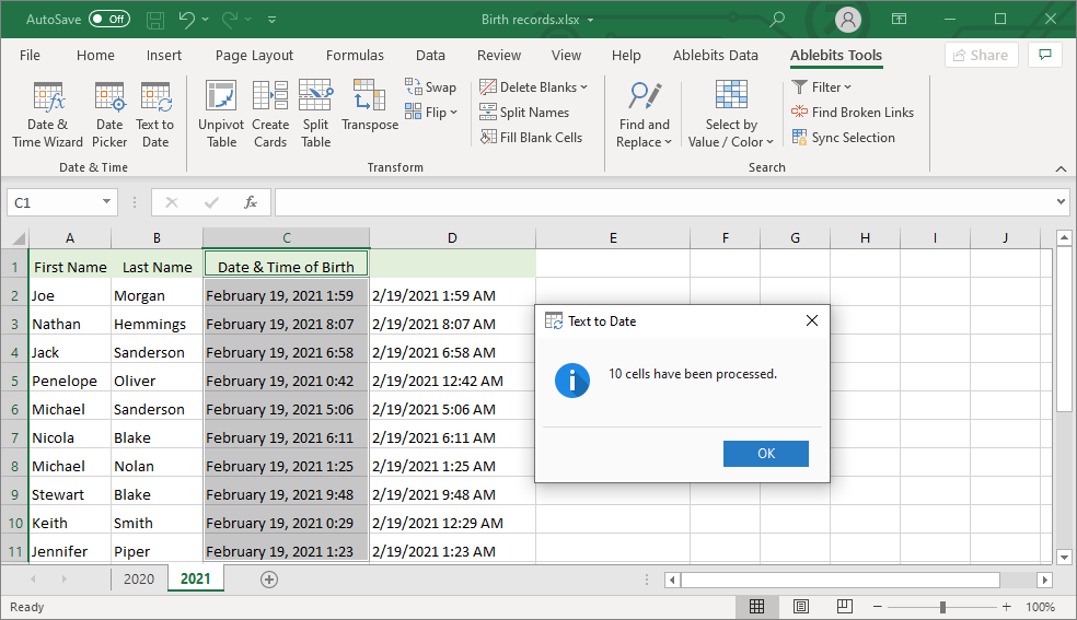 See the converted records in a default date and time format in the adjacent column