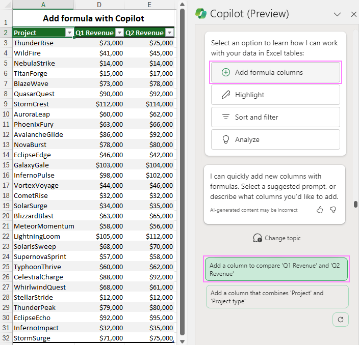 Add a formula column with Copilot.