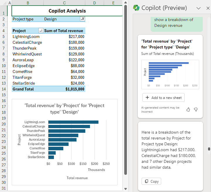 Ask Copilot to do a breakdown for specific data categories.