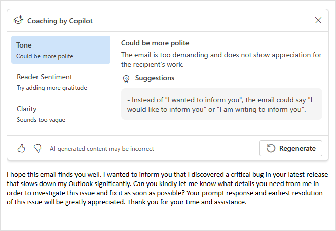 Copilot provides suggestions on how to improve the email’s tone, clarity, and reader sentiment.