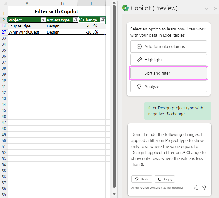 Filter by two columns using Copilot.