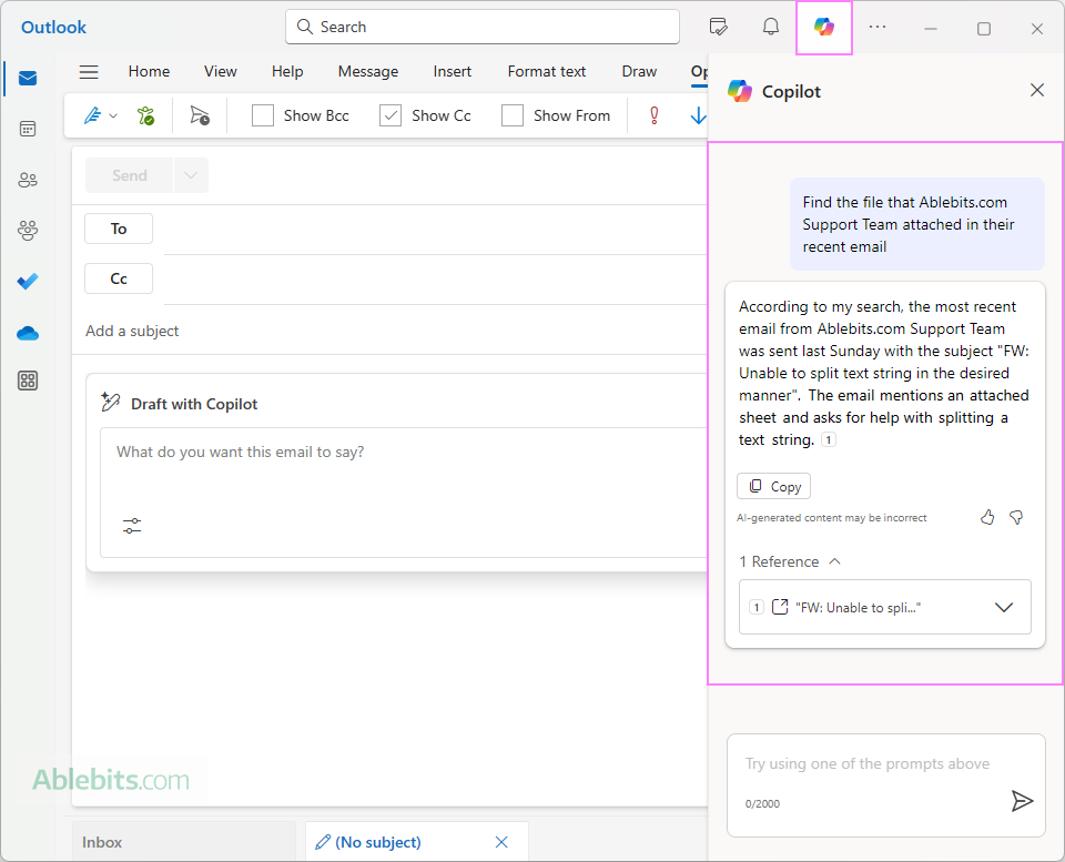 Find an attached or shared file with Outlook Copilot.