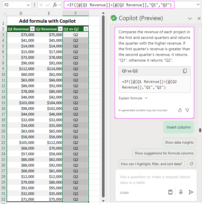 A formula column added by Copilot.