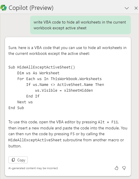 Write VBA code using Copilot.