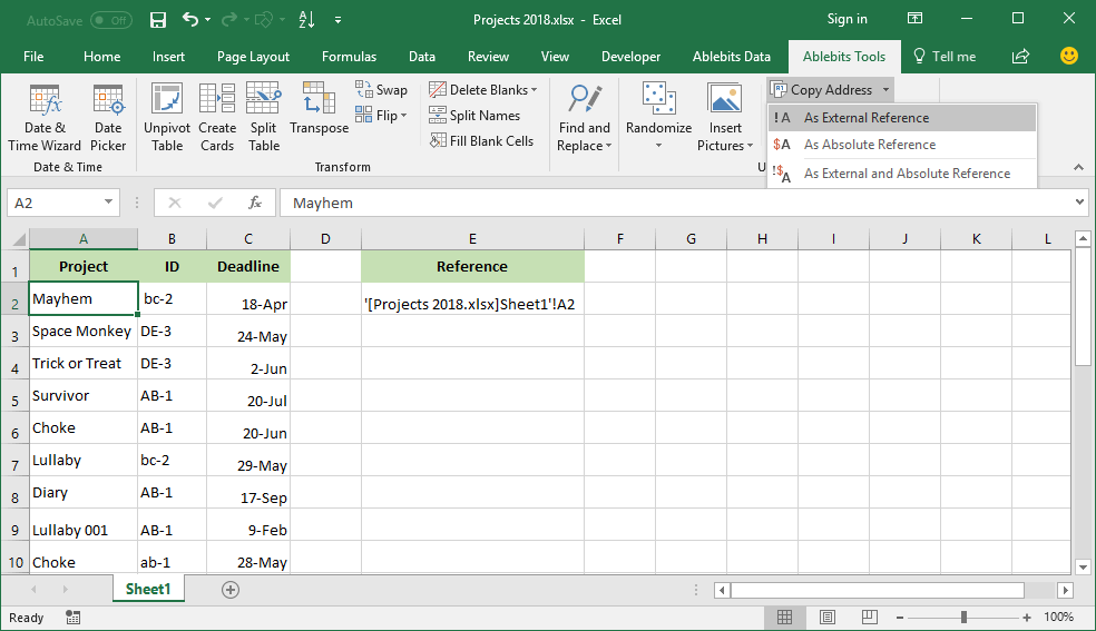 Copy cell address as external reference