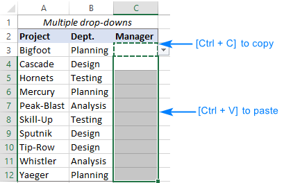 Copy the dependent drop down across multiple rows