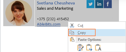 Copy the Outlook email signature you've just created.