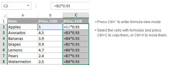 Enter the formula view mode and copy the formulas.