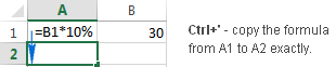 Press Ctrl + ' to copy a formula from the cell above without changing cell references.