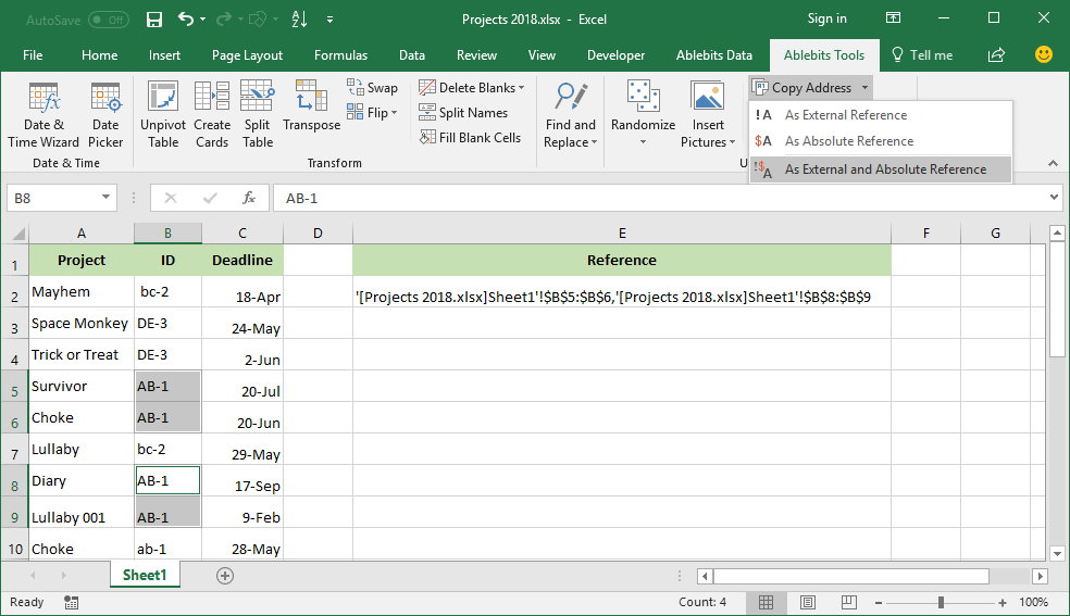 Get addresses of the selected ranges as external absolute references