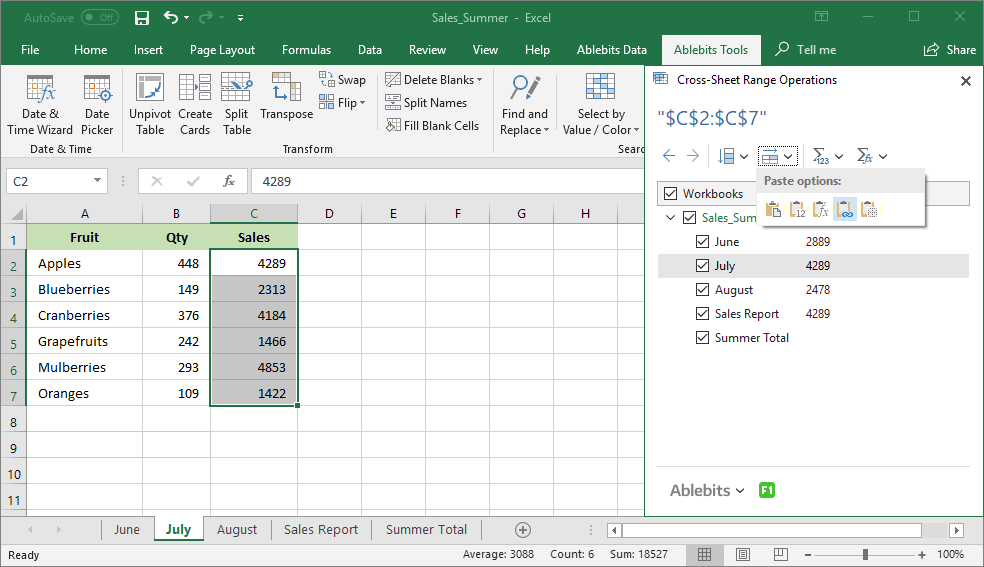 Copy same ranges and select the paste option