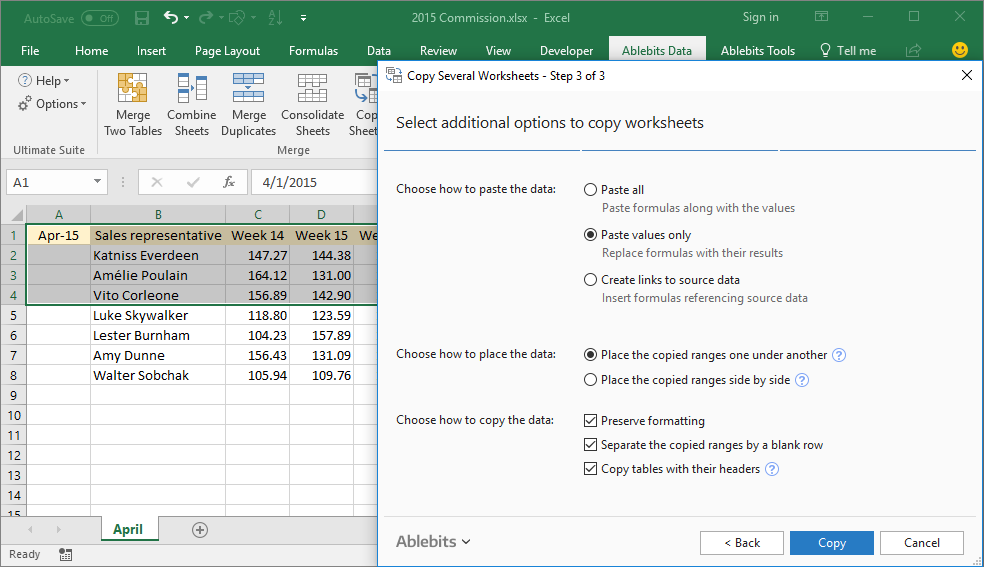 Choose how to paste and place your data, tick off additional options