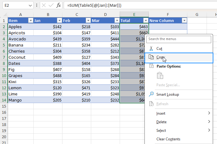 Copy the selected table column.