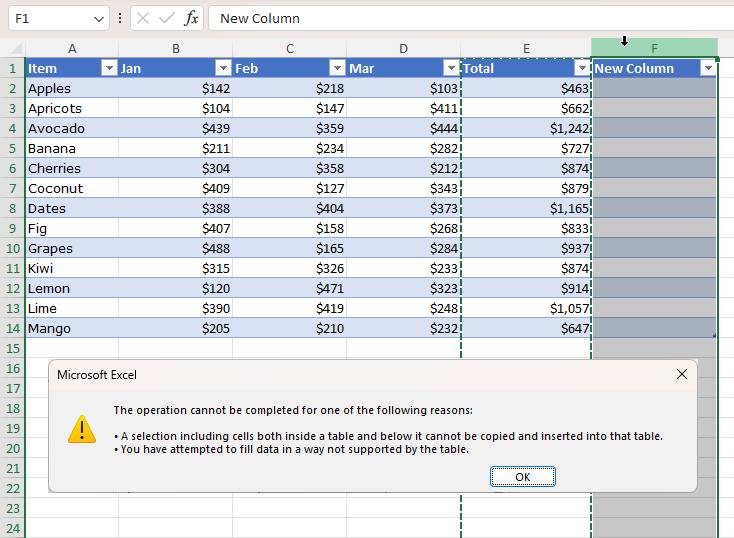 An error when coping a column within an Excel table.