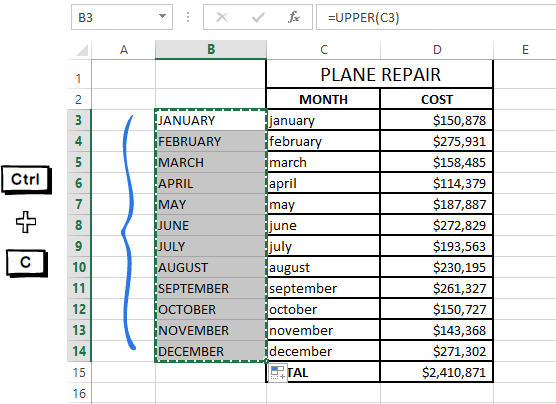 Press Ctrl + C to copy the values from the selected cells.