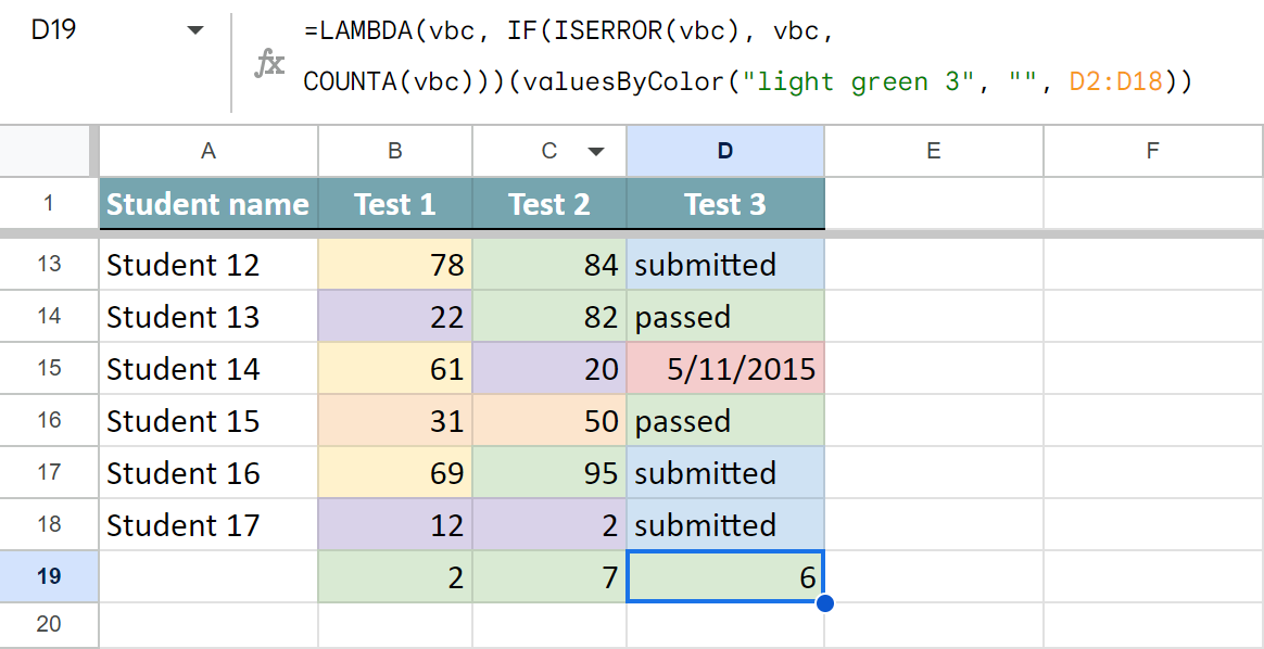 The function shows how many green cells are in each column.