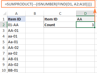 Case-sensitive formula to count cells containing certain text anywhere in them