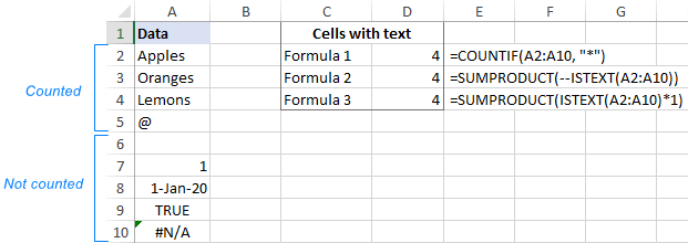 Excel formula to count cells with text