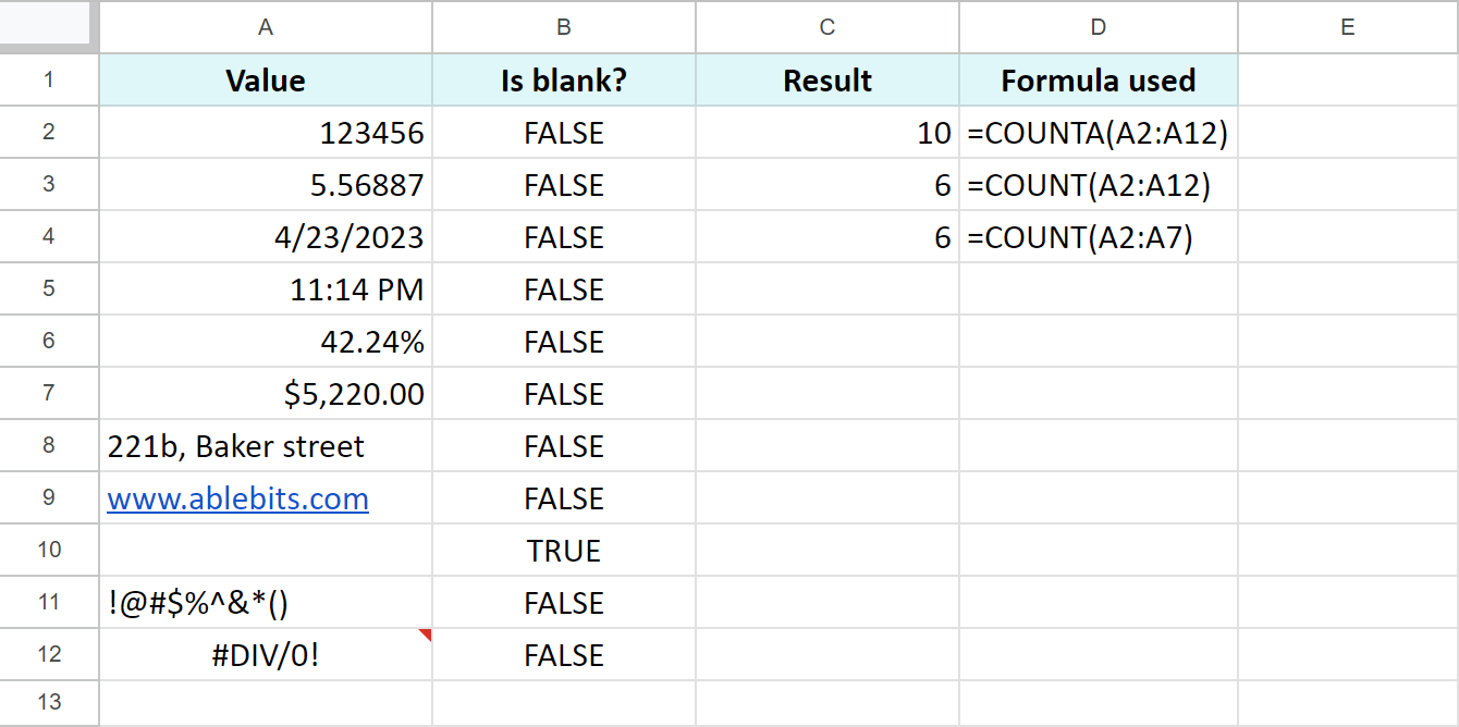 Comparing COUNT and COUNTA.