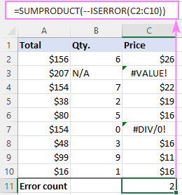 Count the number of errors in a range