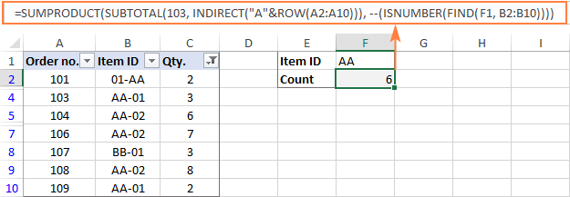 Formula to count filtered cells with a certain text string in any position