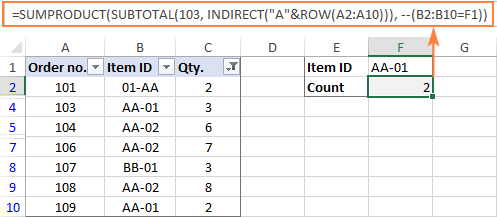 Formula to count filtered cells with particular text