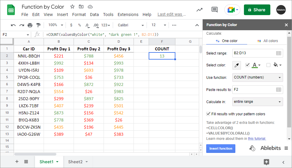 Check one text color to count similar cells